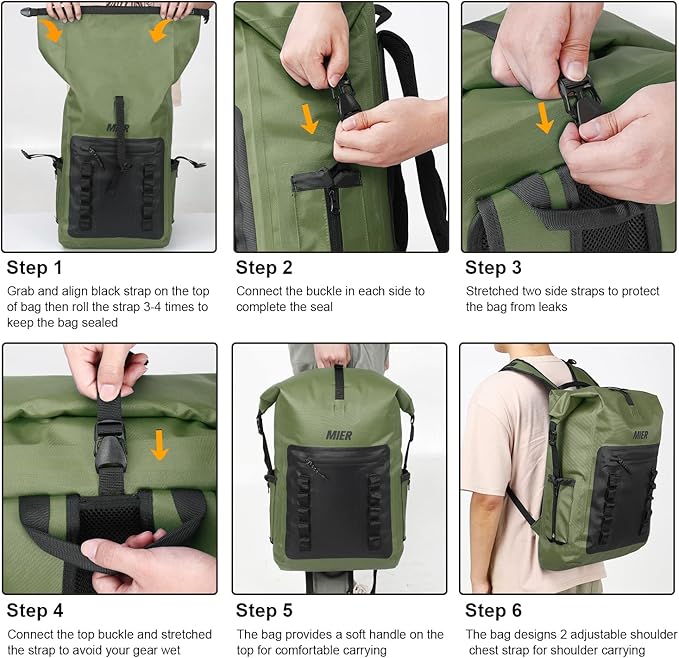MIER Dry Bag Waterproof Backpack 30L Dry Sack Heavy Duty Roll-Top Closure for Kayaking Beach Boating Swimming Surfing