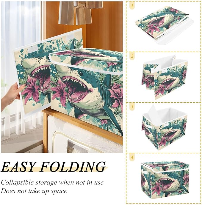 Storage Cube with Lid Floral Fish Print 16.5×12.6×11.8 IN Collapsible Large Capacity Foldable Storage Basket Bin Organizer