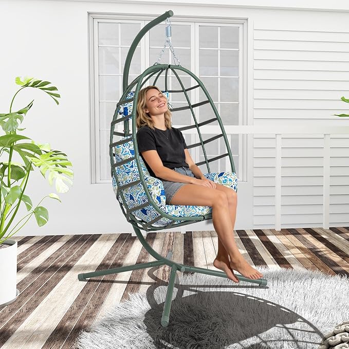 Hanging Egg Chair with Stand Outdoor Indoor Patio Rattan Swing Hammock Chairs with Washable Cushion 350lbs Capacity PE Wicker Swing Chair for Backyard Bedroom Garden (Dark Green + Floral Cushion)