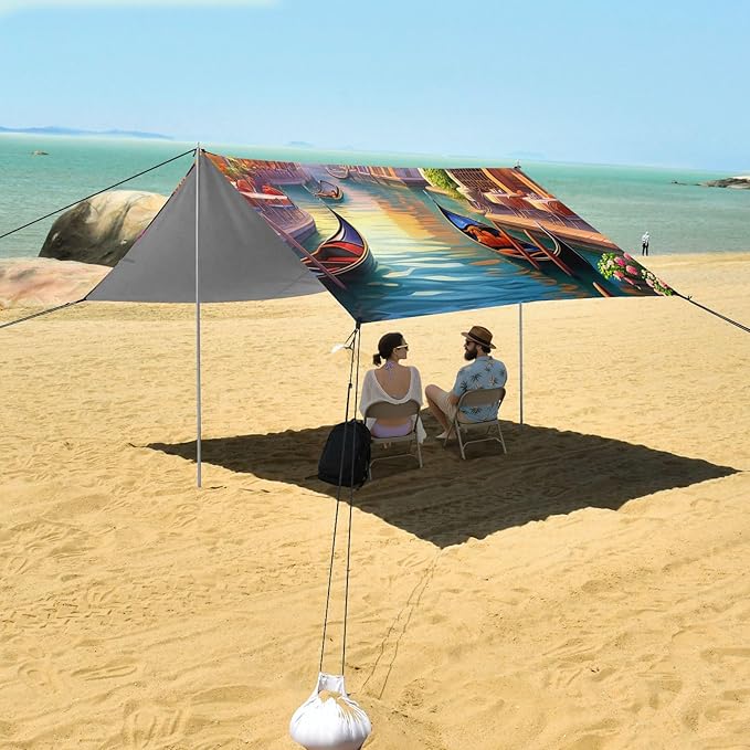 Beach Canopy with Windproof Ropes &amp Sandbags Beach Tent Sun Shade Sun Shelter for Camping Trips Fishing Backyard Fun or Picnics Venice Pattern