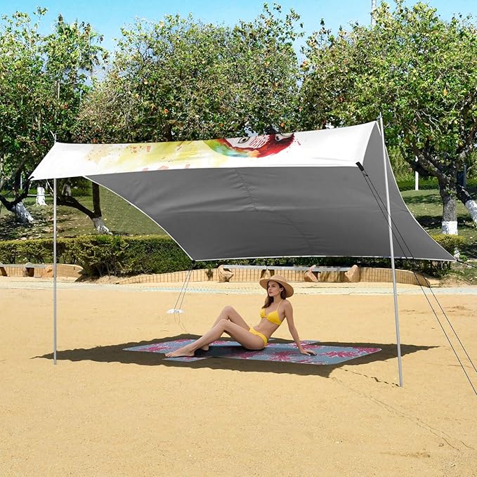 ALAZA Parrot Portrait Beach Tent Sun Shelter UPF50+ Protection Beach Shade Canopy w/ 4 Sandbags for Outdoor Camping Fishing Backyard Fun Picnic 10x9 ft