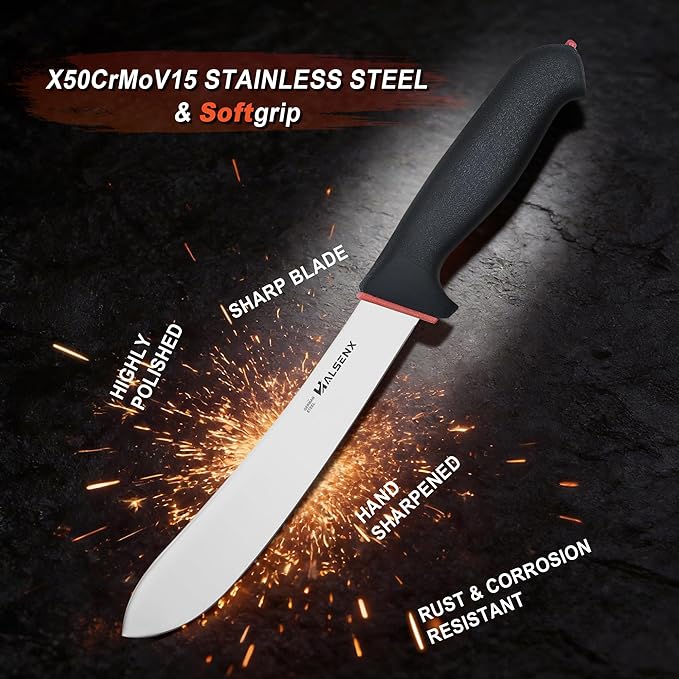 6PCS Professional Butcher Knife Set with Softgrip 8 Butcher 6 Semi-Flex/Stiff Boning 5 Skinning 8 Sharpener Rod &amp Knife Roll Bag for Home Kitchen Camping Hunting