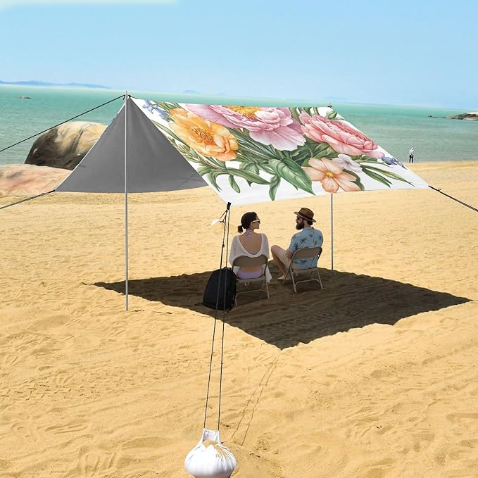Summer Flowers Butterflies Beach Canopy UPF50 Lightweight Sun Shelter with Sandbags and Shovel for Camping Picnics Backyard &amp Fishing