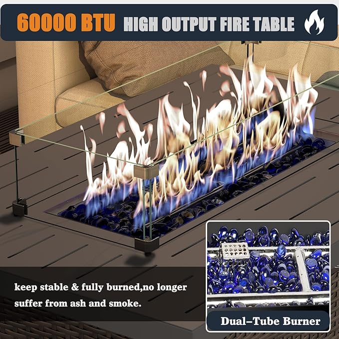 44 Inch Propane Gas Fire Pits Table for Outside Patio 60000 BTU Rectangular Outdoor Wicker Rattan Fire Pit with Glass Wind Guard