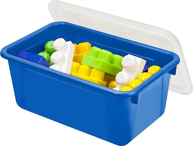 Storex Small Cubby Bins – Plastic Storage Containers for Classroom with Non-Snap Lid 12.2 x 7.8 x 5.1 inches Blue 5-Pack (62408A05C)