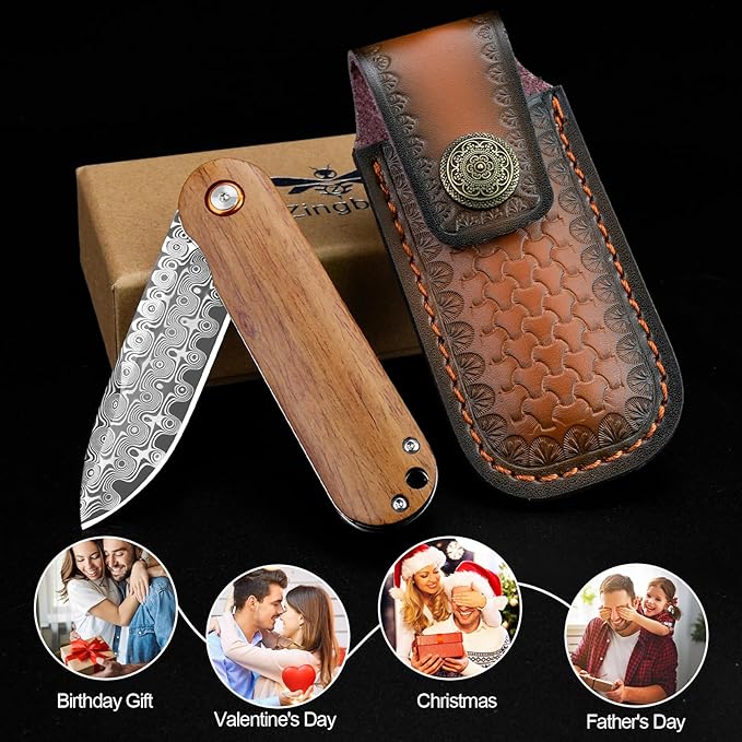 Zingbee Damascus Pocket Knife 2.95 Damascus Steel Blade Pocket Knives &amp Folding Knives Wooden Handles EDC Knife for Women Men