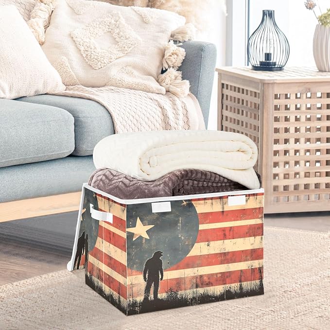 AIXIWAWA Lidded Storage Cube (American Sasquatch Flag) Fabric Foldable Closet Bins with Flip Lid and Handles Organizer Basket Container 16.5 x 12.6 x 11.8 IN