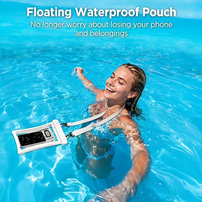 CACOE [Floatable Floating Universal IPX8 Waterproof Phone case 2 Pack-Up to 10.0Adjustable Lanyard Phone PouchDry Bags for Vacation Beach Pool Kayak Cruise Travel Essentials（White+Light Blue）