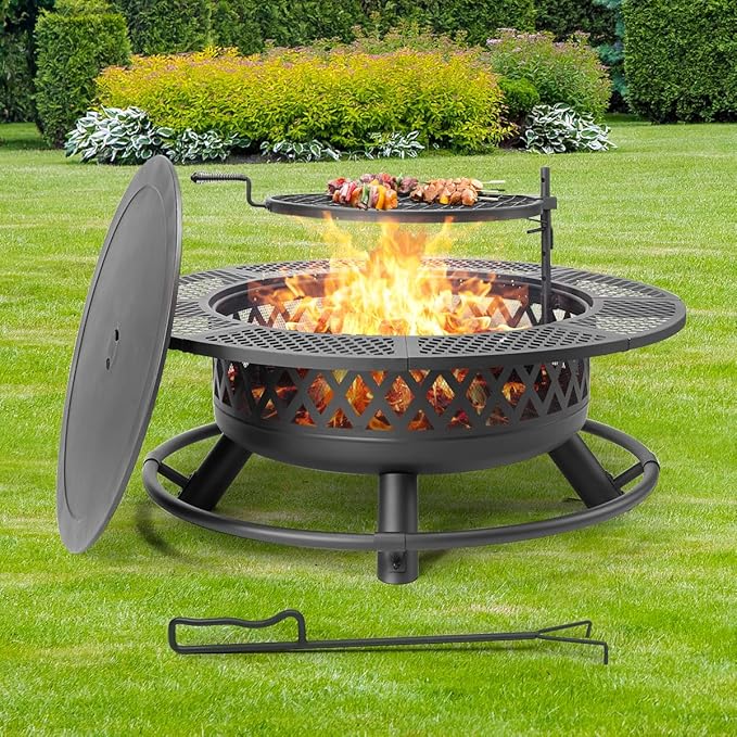 Panovue 42 Inch Outdoor Fire Pit with Grill Large Firepit Table for Outside Metal Round Firepits with Lid&ampFire Poker3 in 1 Wood Burning Fire Pits &amp Outdoor Fireplaces for BackyardPatio(42'