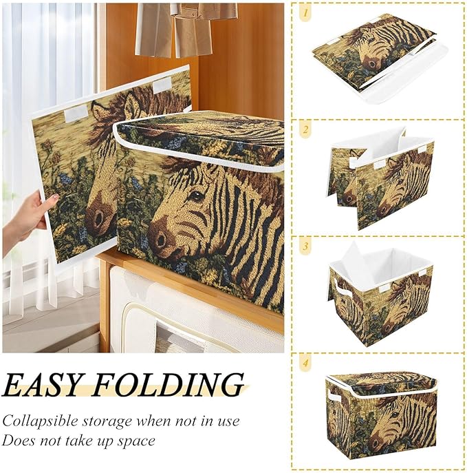 Storage Cube with Lid Art Zebra Print 16.5×12.6×11.8 IN Collapsible Large Capacity Foldable Storage Basket Bin Organizer
