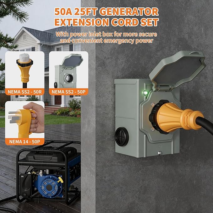 Garvee 50 Amp 25FT Generator Cord and Power Inlet Box Kit NEMA 14-50P Male to SS2-50R STW 6/3+8/1 AWG 125/250V Twist Lock Connector with Pre-Drilled NEMA SS2-50P Inlet Box for House ETL Listed