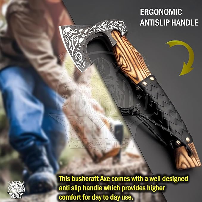 SHINY CRAFTS® Handcrafted Decorative Viking Axe with Leather-Wrapped Handle &amp Sheath – Engraved Blade – Ceremonial Collectible Gift for Men Warriors History Buffs Cosplay &amp Display (VBA-19)