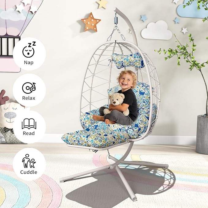 Hanging Egg Chair with Stand Outdoor Indoor Patio Rattan Swing Hammock Chairs with Washable Cushion PE Wicker Swing Chair for Backyard Bedroom Garden (White + Floral Cushion with Footrest)