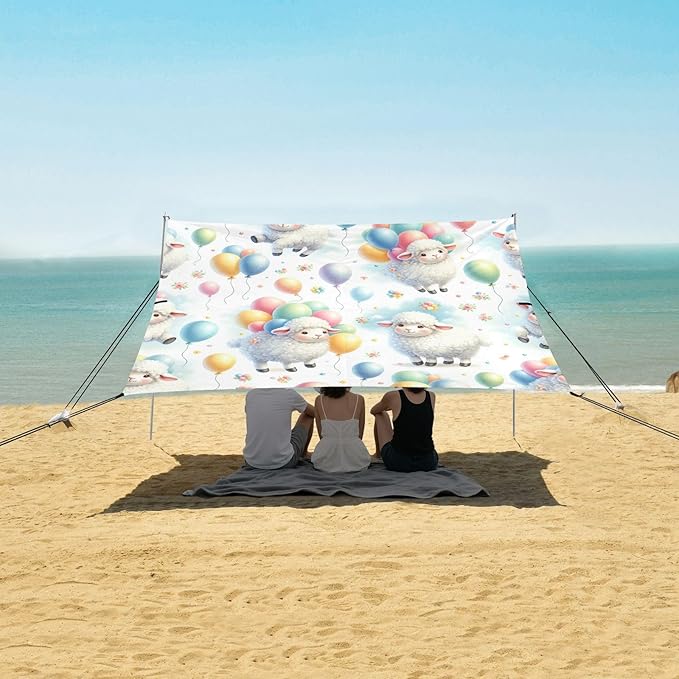 Colorful Balloons Sheep Beach Tent Sun Shelter Set UPF50+ UV Protection 10.5 x 9.19 FT Camping Shade Canopy with Sandbags Sand Anchors Carrying Bag and Others