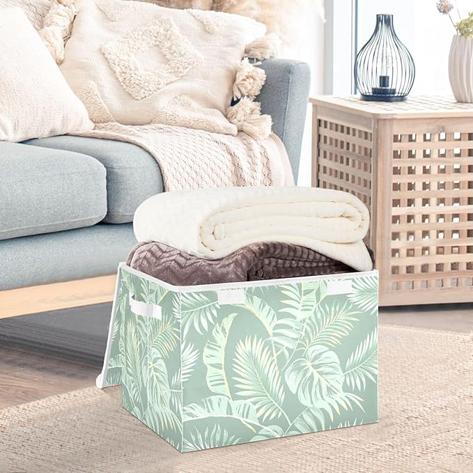 susiyo Large Foldable Storage Bin with Flip-Top Lid Tropical Plants Storage Box Collapsible Closet Organizer Containers Boxes Decorative Baskets with Handles for Home Bedroom Living Room Office