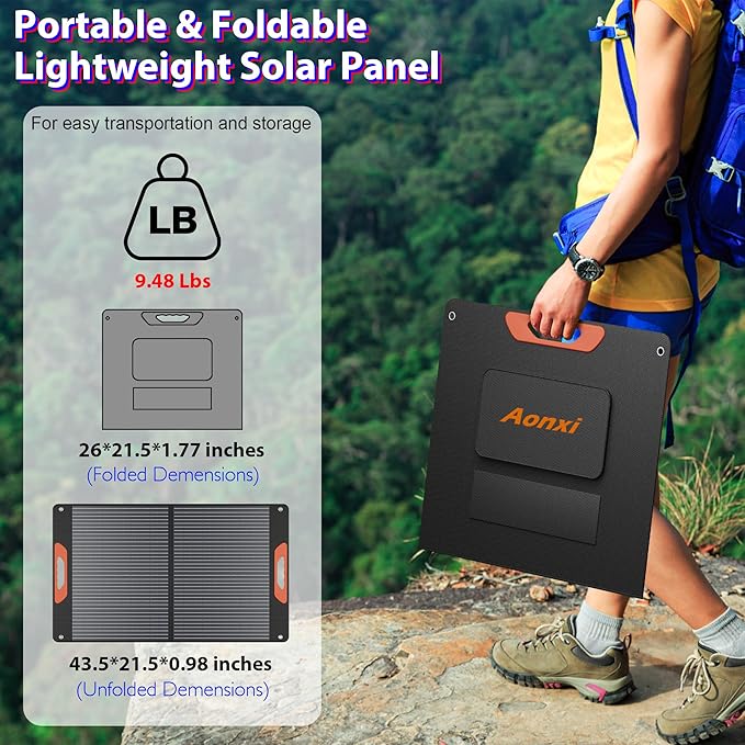 100W Portable Solar Panel for Power Station Foldable Solar Charger with High 24% Efficiency ETFE Coating QC3.0 USB/Type-C &amp 100 watt 20V DC Output. Includes Adapters for Camping RV Emergency