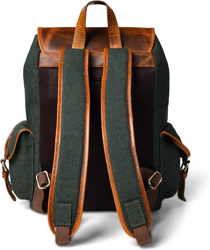 Leather Canvas Backpack Durable Vintage Large Travel Laptop Bag for Men &amp Women Work Hiking School (Oily Green)
