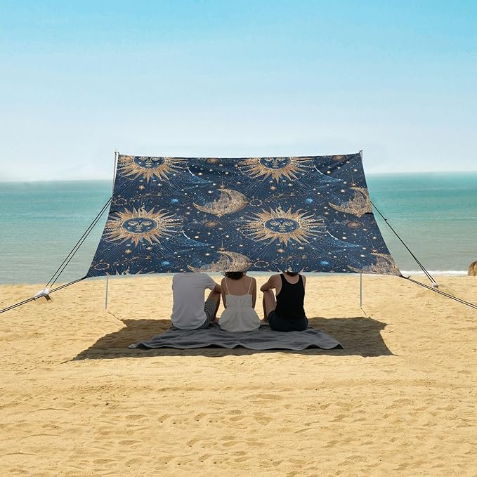 ALAZA Sun Moon Stars Magical Beach Tent Sun Shelter UPF50+ Protection Beach Shade Canopy w/ 4 Sandbags for Outdoor Camping Fishing Backyard Fun Picnic 10x9 ft