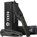 TEKTO F3 Charlie Button Lock Folding Knife Oversized Fine Edge Blade - Easy Open Pocket Knife with Titanium Coated D2 Steel &amp Black Titanium Barrel Spacers