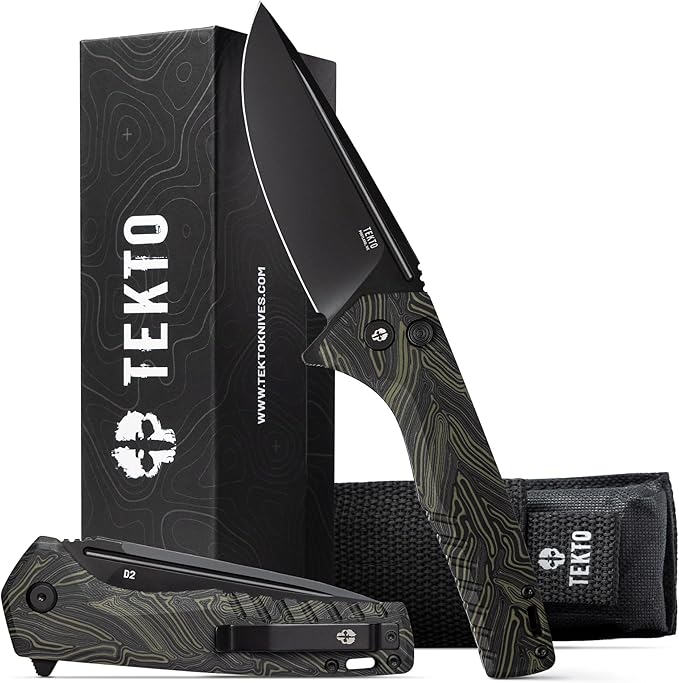 TEKTO F3 Charlie Button Lock Folding Knife Oversized Fine Edge Blade - Easy Open Pocket Knife with Titanium Coated D2 Steel &amp Black Titanium Barrel Spacers