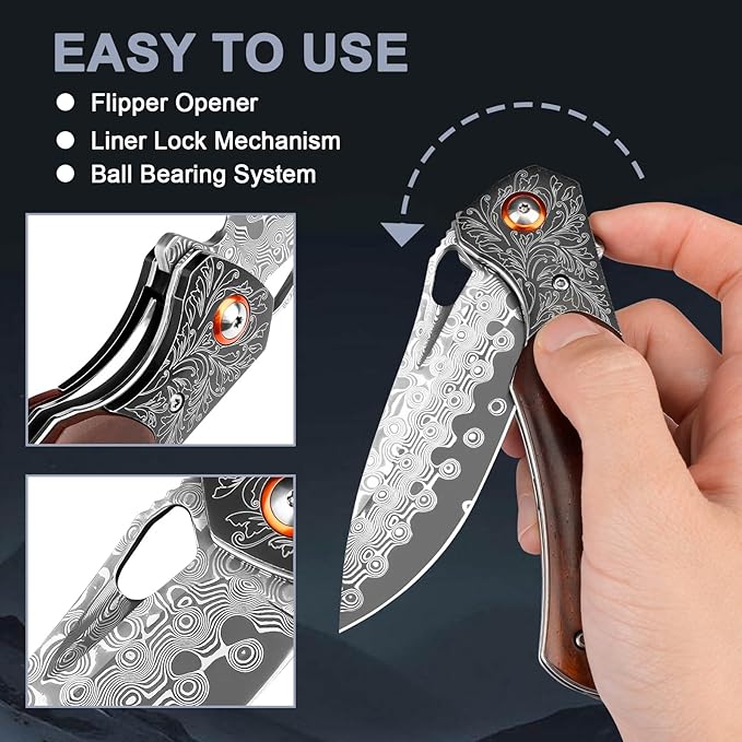 Zingbee Damascus Pocket Knife with Sheath 3.35 Damascus Steel Blade Knife with Wooden Handle EDC Pocket Knives &amp Folding Knives for Outdoor Camping Ideal Gifts for Men Women
