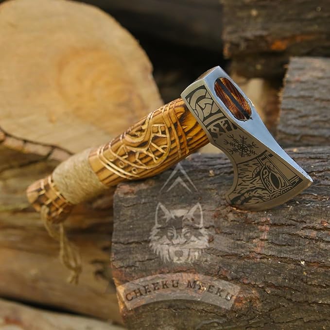 Custom Handmade Carbon Steel Real Viking Axe HatchetCamping Axe Birthday Gift for him Leather Wrapped Handle and Leather Sheath ((FM 22))