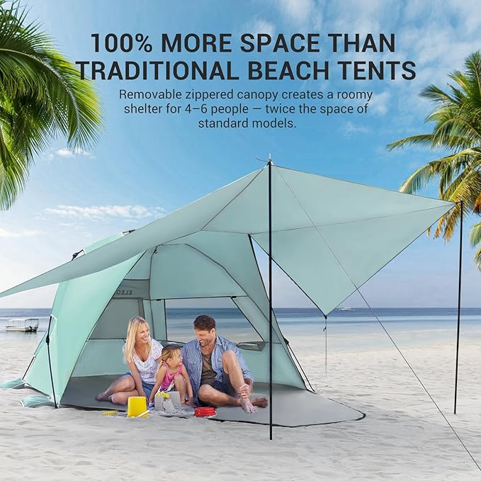 Elegear CumbreX™ Beach Tent with 360° Removable Canopy 4-6 Person Pop Up Sun Shade Shelter UPF 50+ Automated Installation Double Silver Coating Portable Lightweight Beach Cabana for Outdoor - Green