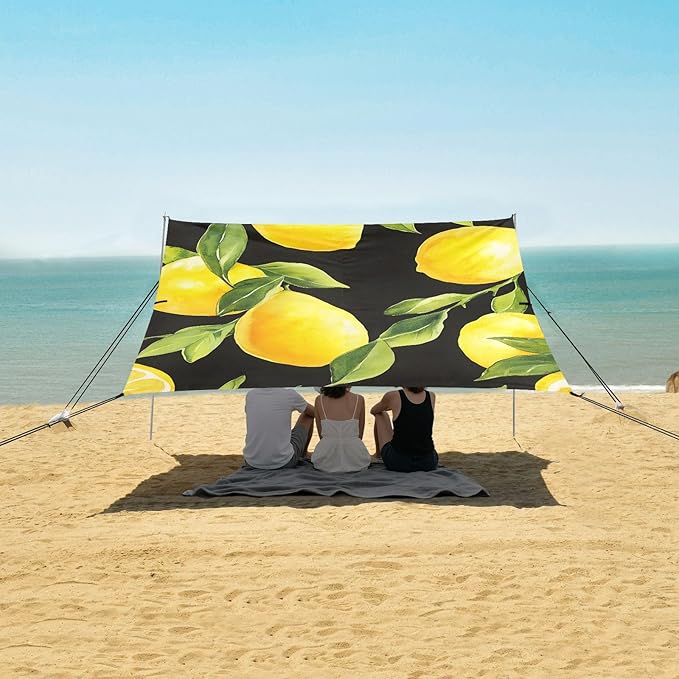 ALAZA Lemon Pattern on Black Beach Tent Sun Shelter Portable Canopy Sunshade for Outdoor Camping Picnics Backyard Fun 10x9 ft
