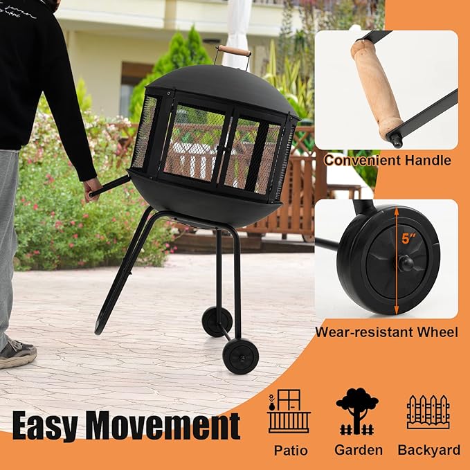 Tangkula Portable Fire Pit with Wheels 28 Inch Wood Burning Fire Pit with Log Grate Poker Rolling Patio Fireplace Wooden Bonfire Firepit for Outdoor Entertaining Black