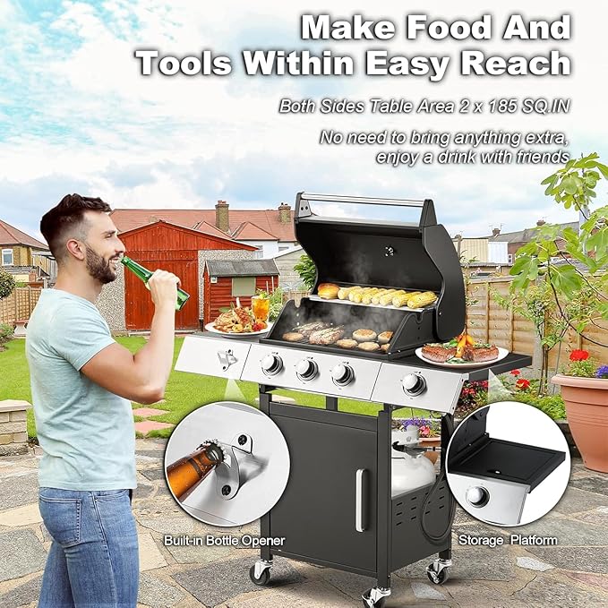 MELLCOM Upgraded 36000 BTU Stainless Steel Burner Barbecue Grill 3 Burner BBQ Propane Gas Grill with Cast Iron Grates &amp Side Stove for Patio Camping Outdoor Cooking