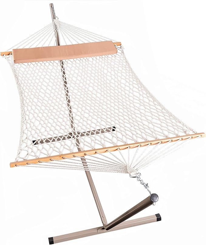 Lazy Daze Hammocks Double Rope Hammock with Stand Include 12 Feet Traditional Cotton Rope with Pillow for Outside Backyard Patio Garden Tan Pillow