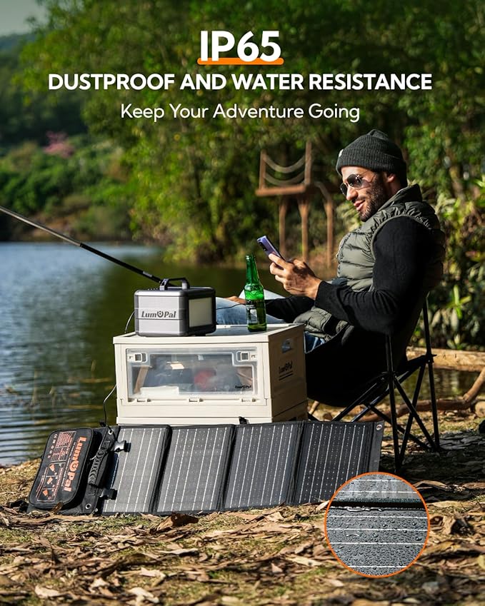 Portable Solar Panel LUMOPAL 60W Foldable Solar Panels Folding Solar Charger with PD60W USB C QC3.0 USB A Output Waterproof for Camping Backpacking Compatible with Phone Laptop Portable Power Station
