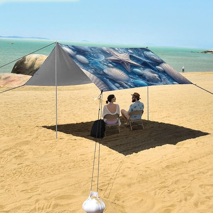 ALAZA Blue Starfish Pearl Beach Beach Tent Sun Shelter UPF50+ Protection Beach Shade Canopy w/ 4 Sandbags for Outdoor Camping Fishing Backyard Fun Picnic 10x9 ft