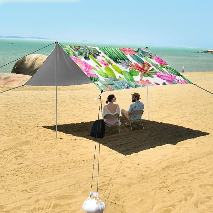 Beach Canopy with Windproof Ropes &amp Sandbags Beach Tent Sun Shade Sun Shelter for Camping Trips Fishing Backyard Fun or Picnics Cactus