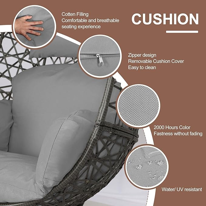 NICESOUL Bird Cage Swing Egg Chair UV/Water-Resistant 450lbs Capacity Wicker Swinging Chairs with Stand Comfy Oversized Hanging Seat w/Cushion Metal Frame &amp Cover for Indoor Outdoor Light Grey