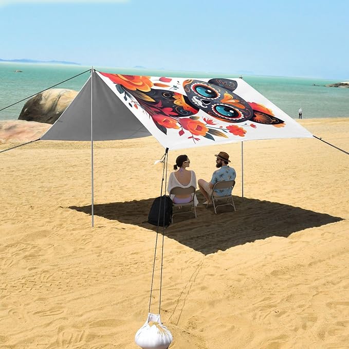 ALAZA Sugar Skull Cat Day of Dead Beach Tent Sun Shelter UPF50+ Protection Beach Shade Canopy w/ 4 Sandbags for Outdoor Camping Fishing Backyard Fun Picnic 10x9 ft