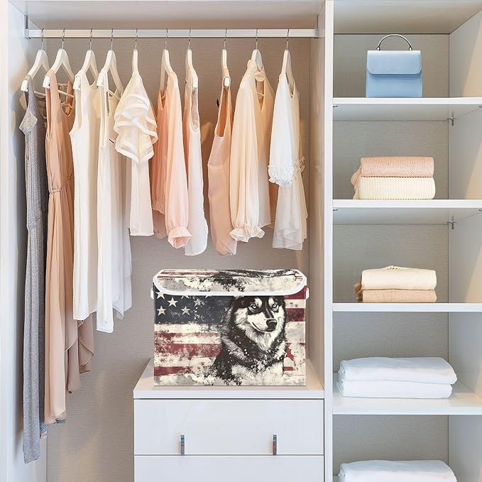 Storage Cube with Lid Husky American Print 16.5×12.6×11.8 IN Collapsible Large Capacity Foldable Storage Basket Bin Organizer