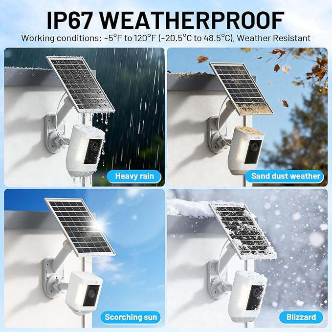 Solar Panel and 2-in-1 Wall Mount for Ring Cam 6W Solar Charger Compatible with R-ing Spotlight Pro/Plus &amp Stick Up Cam Battery Models Weatherproof Cable with USB-C and Ring Barrel Plug