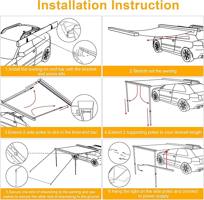 Car Side Awning with LED Light Pull Out Tent Shelter PU2000mm UV50+ Shade SUV Outdoor Camping Beige 6.6x8.2'