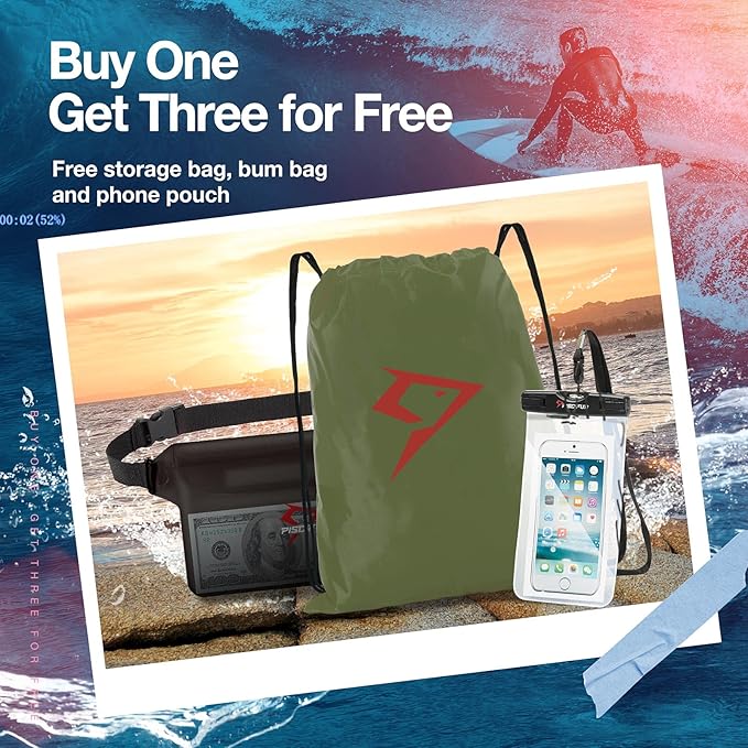Piscifun Dry Bag Waterproof Lightweight Dry Backpack Roll-Top Sealed with Waist Pouch and Phone Case Keeps Gear Dry Inside for Kayaking Boating 10L 20L 30L