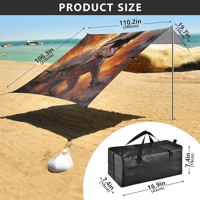 ALAZA Fire Dinosaur Beach Tent Sun Shelter Portable Canopy Sunshade for Outdoor Camping Picnics Backyard Fun 10x9 ft