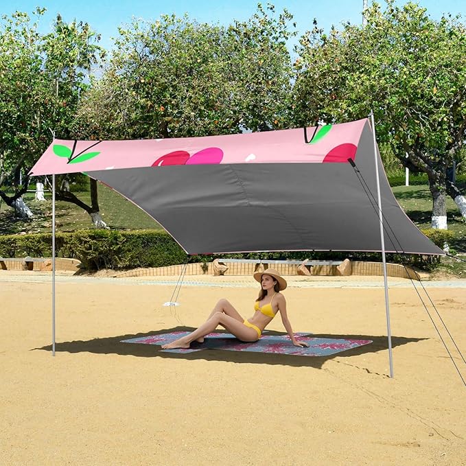 Beach Canopy with Windproof Ropes &amp Sandbags Beach Tent Sun Shade Sun Shelter for Camping Trips Fishing Backyard Fun or Picnics Cherry