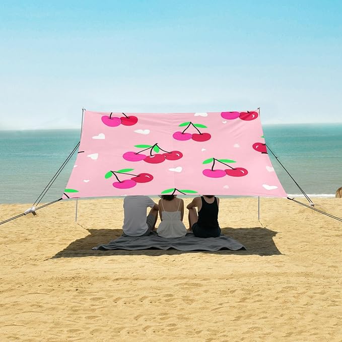 Beach Canopy with Windproof Ropes &amp Sandbags Beach Tent Sun Shade Sun Shelter for Camping Trips Fishing Backyard Fun or Picnics Cherry