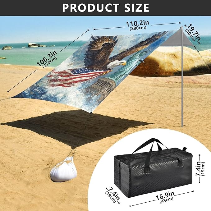 ALAZA Bald Eagles Flying Carrying American Flag The Statue of Liberty Beach Tent Sun Shelter Portable Canopy Sunshade for Outdoor Camping Picnics Backyard Fun 10x9 ft
