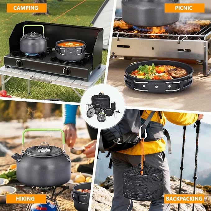 ROVSUN 34/10/6 pcs Camping Cookware Mess Kit Lightweight Non-Stick Camping Cooking Pot and Pan Set with Stainless Steel Camping Gear Kettle Cup for Open Fire Backpacking Outdoor Cooking