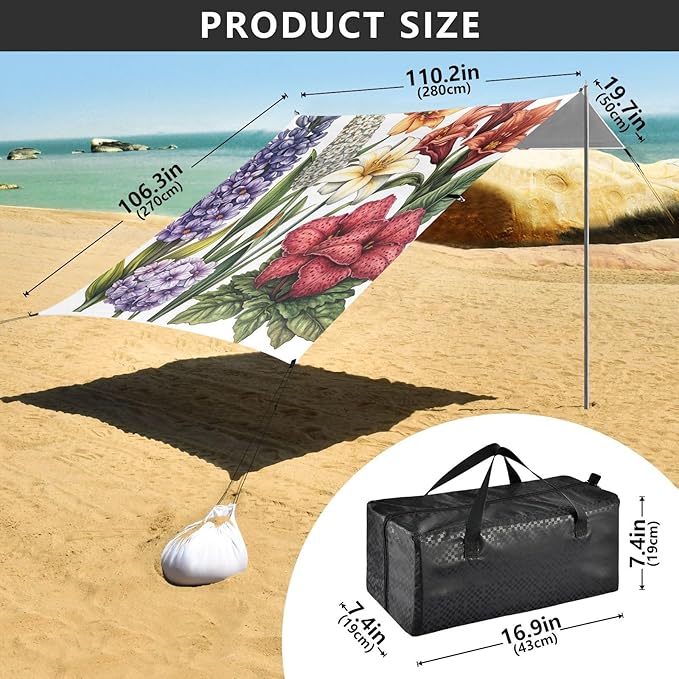Spring Flowers Hyacinths Calla Lily Amaryllis White Beach Tent UPF50+ Easy Setup Large Sun Shelter with Sturdy Poles Sandbags and Shovel for Camping Picnics Backyard