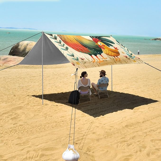 ALAZA Cute Rooster and Chicken Beach Tent Sun Shelter Portable Canopy Sunshade for Outdoor Camping Picnics Backyard Fun 10x9 ft