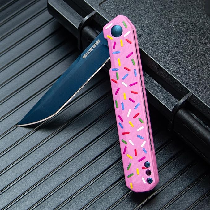 BELLIA BORS EDC Donut Folding Pocket Knife D2 Steel Blade with Anti-slip Handle Pocket Clip Outdoor Camping Hunting Fishing