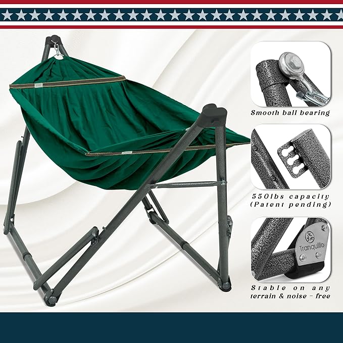 Tranquillo Uniki Hammock with Stand – 550 lbs Capacity Foldable &amp Portable Heavy-Duty Indoor/Outdoor Hammock with Premium Carry Bag Emerald Green
