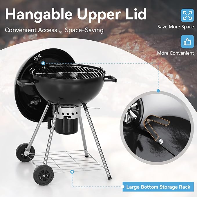 GREEN PARTY 22 inch Kettle Charcoal BBQ Grill with Wheels Portable Charcoal Grill with Porcelain-Enameled Lid &amp Ash Catcher for Outdoor Cooking Barbecue Camping Picnics Tailgating Black